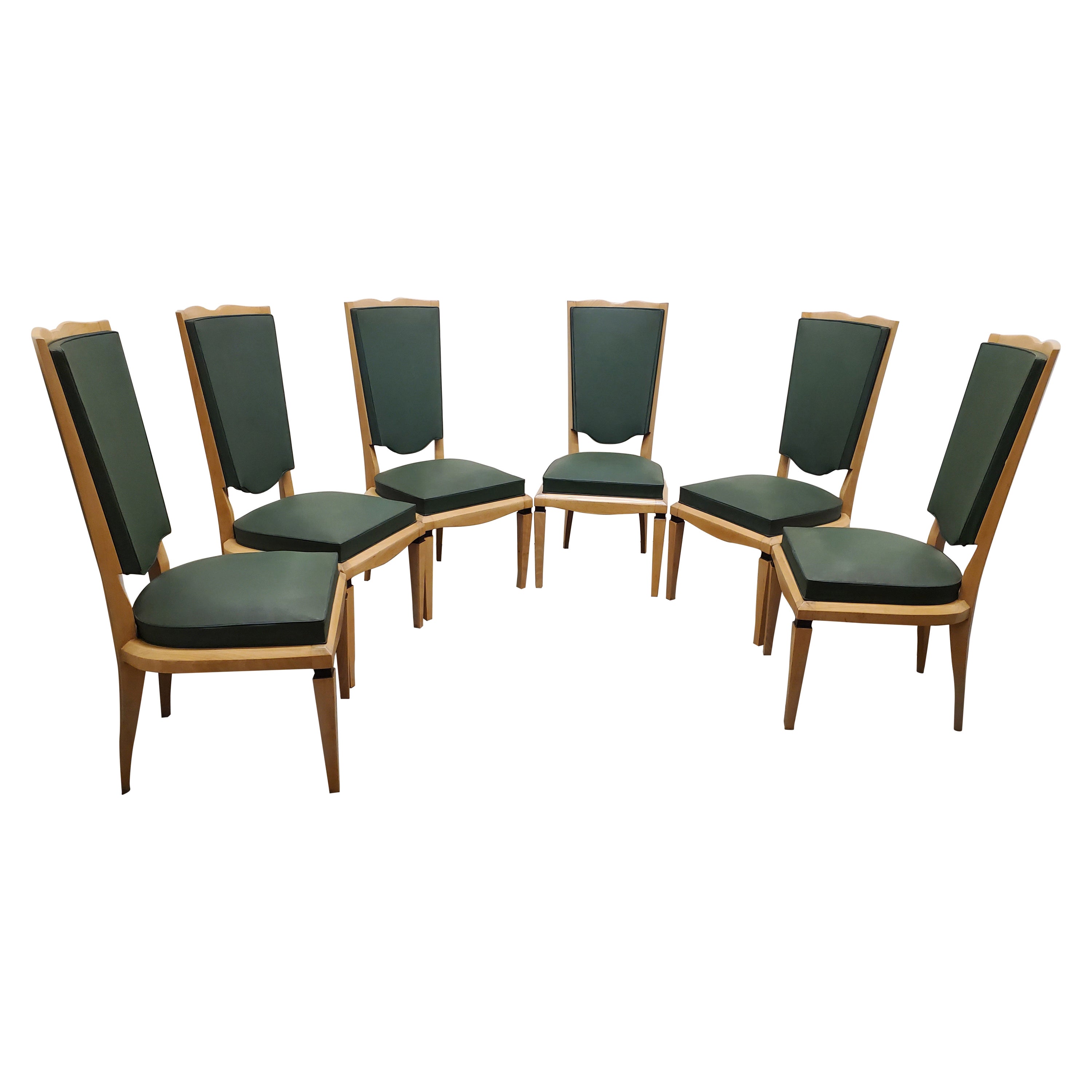Ensemble de six chaises de salle à manger à haut dossier des années 1940 - M. Jallot en vente