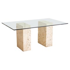 Postmodern Solid Limestone Pedestal Table with Glass Top