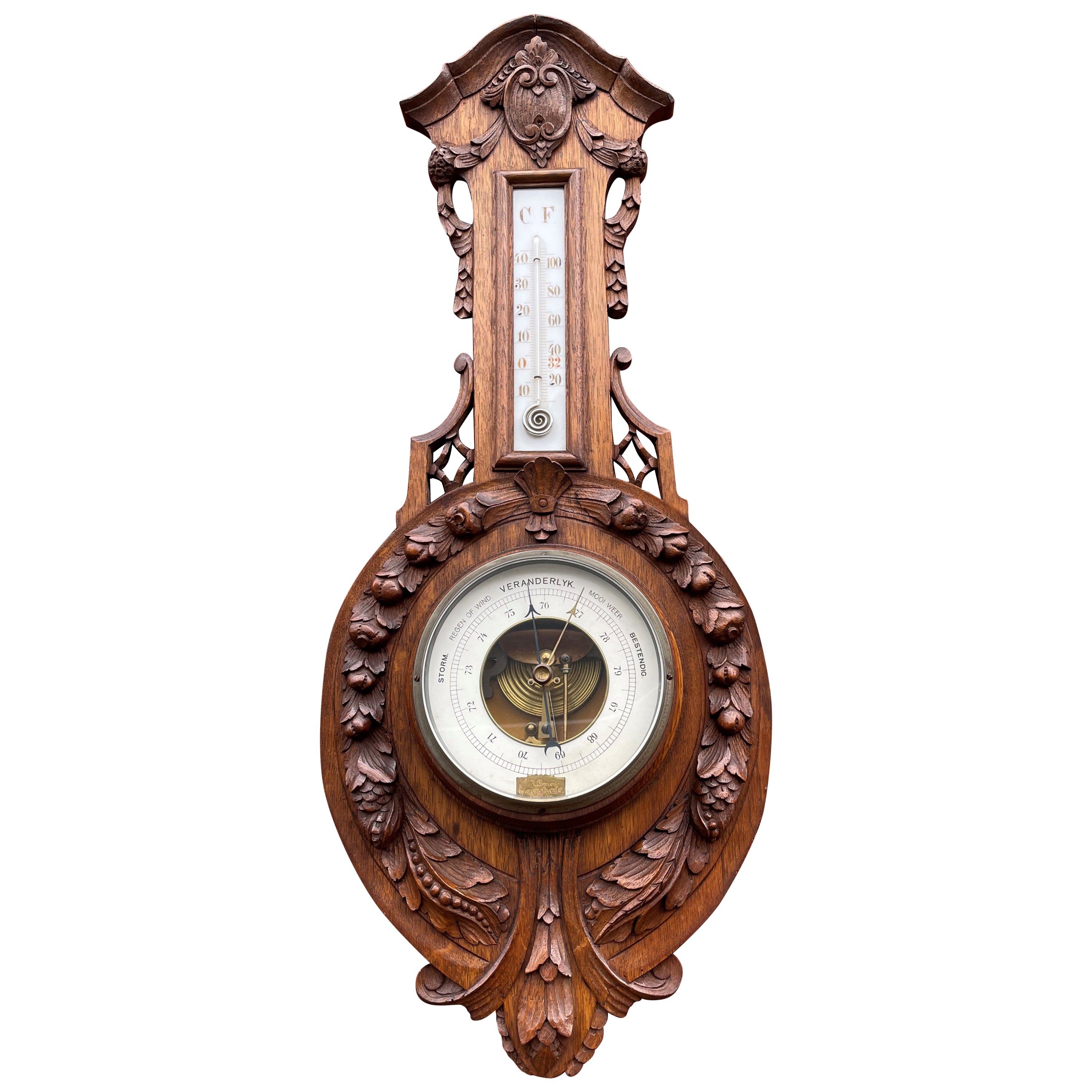 Tall Finely Hand Carved Oak & Porcelain Antique Wall Barometer Made in Amsterdam For Sale