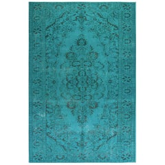 Vintage 6x10.2 Ft Turkish Handmade Medallion Design Rug Aqua Blue for Modern Interiors