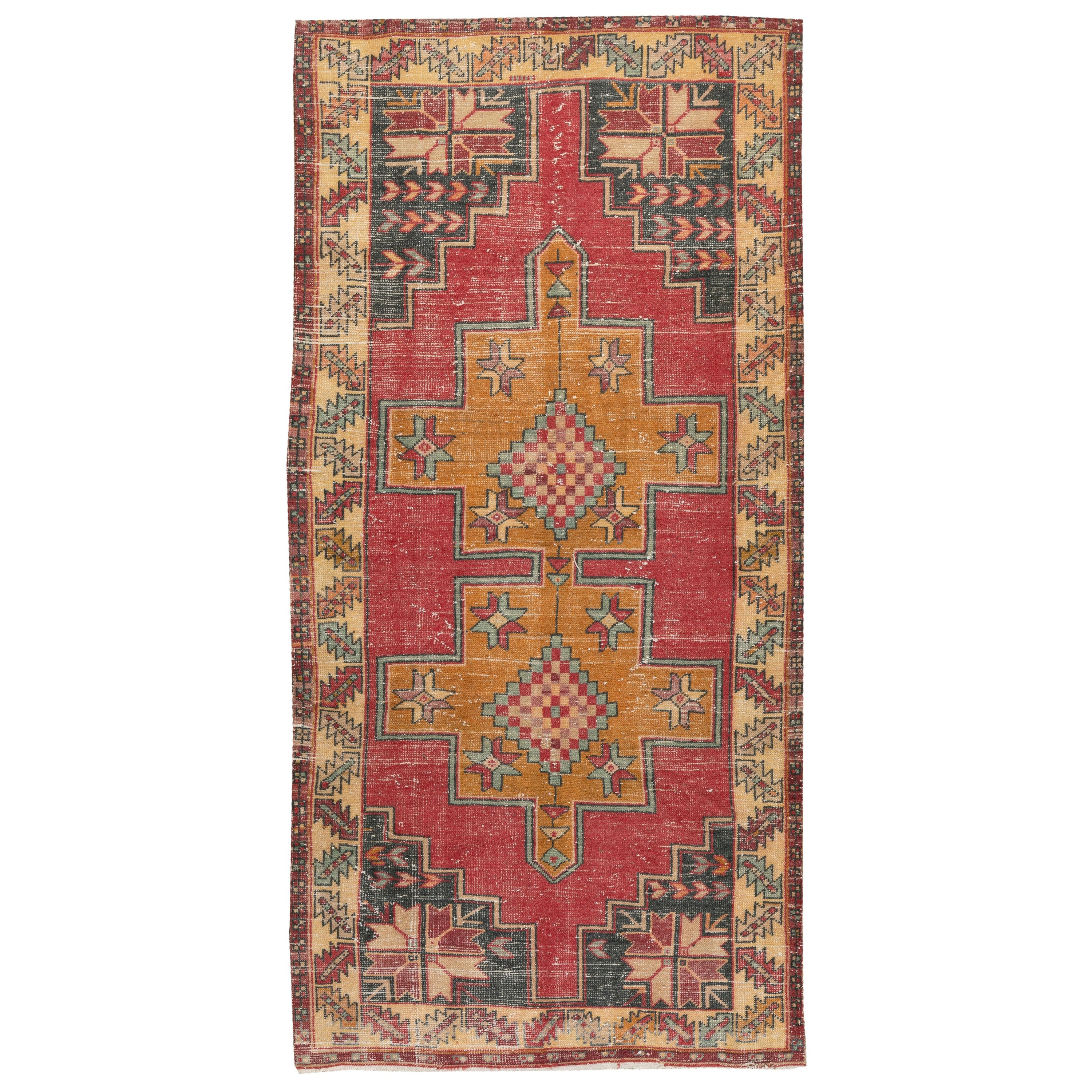 3.8x8 Ft Mid Century Hand-Knotted Turkish Oriental Rug in Vibrant and Warm Color