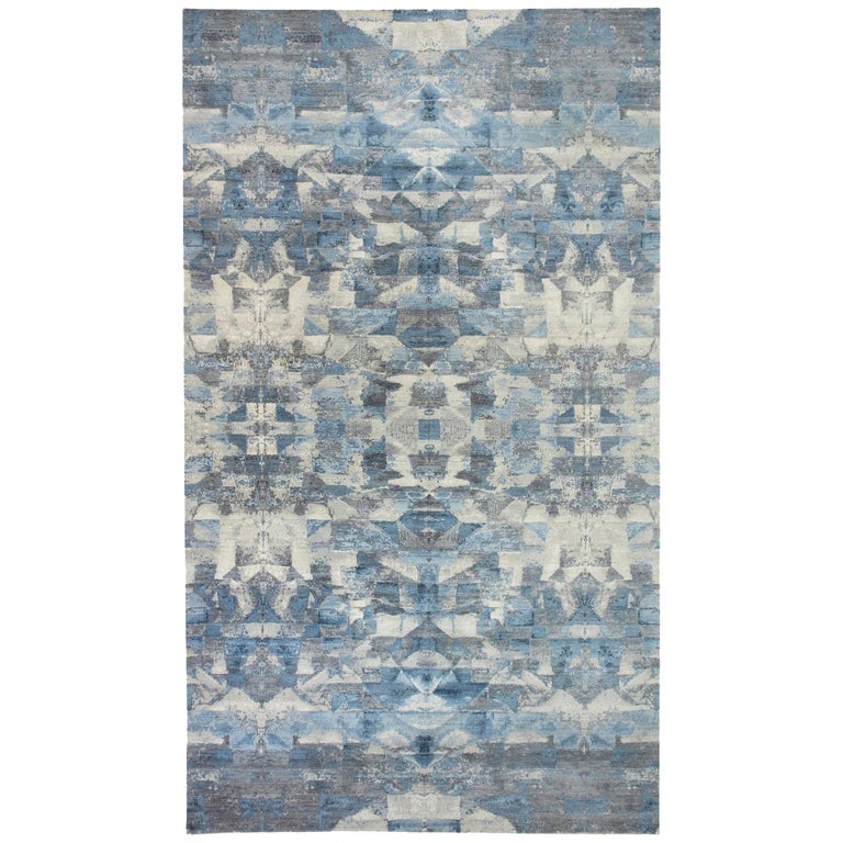 Contemporary Art Deco Design Blue, Grey Wool Rug by Doris Leslie Blau