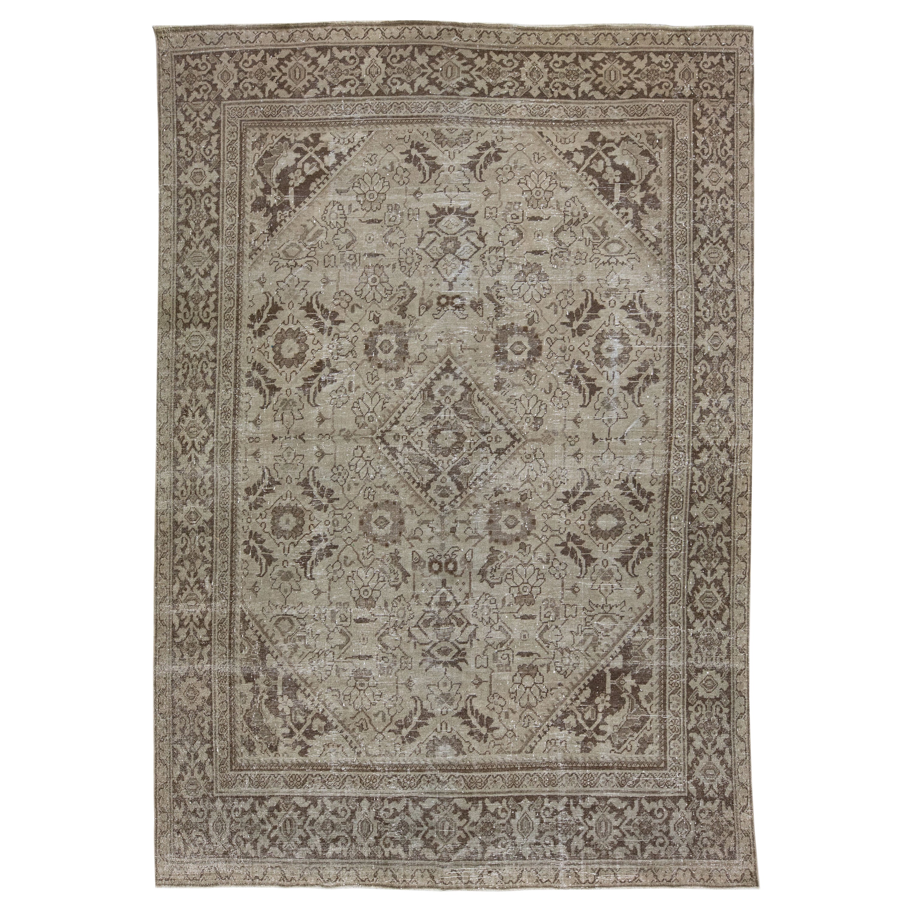 Antique Persian Mahal Handmade Beige & Brown Wool Rug with Allover Design For Sale