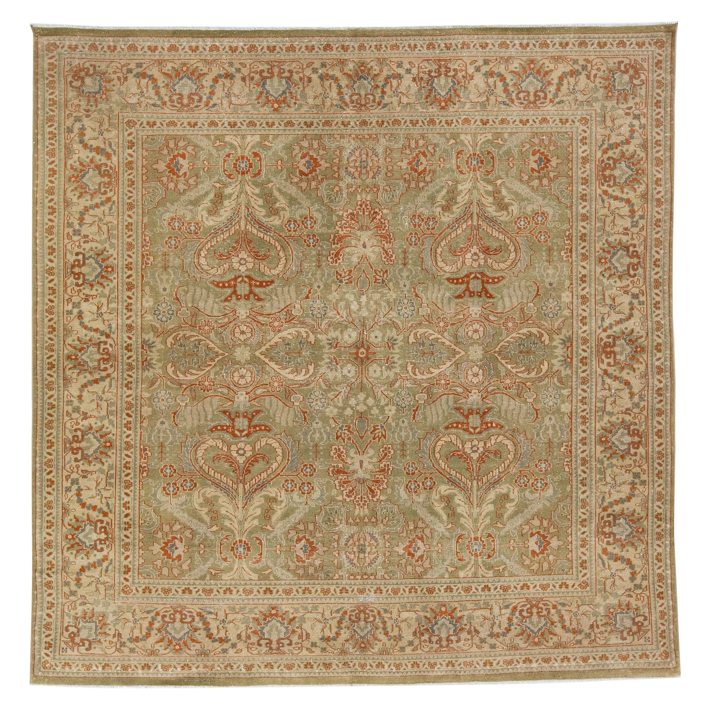 Green Antique Persian Mahal Handmade Square Wool Rug with Allover Floral Design For Sale