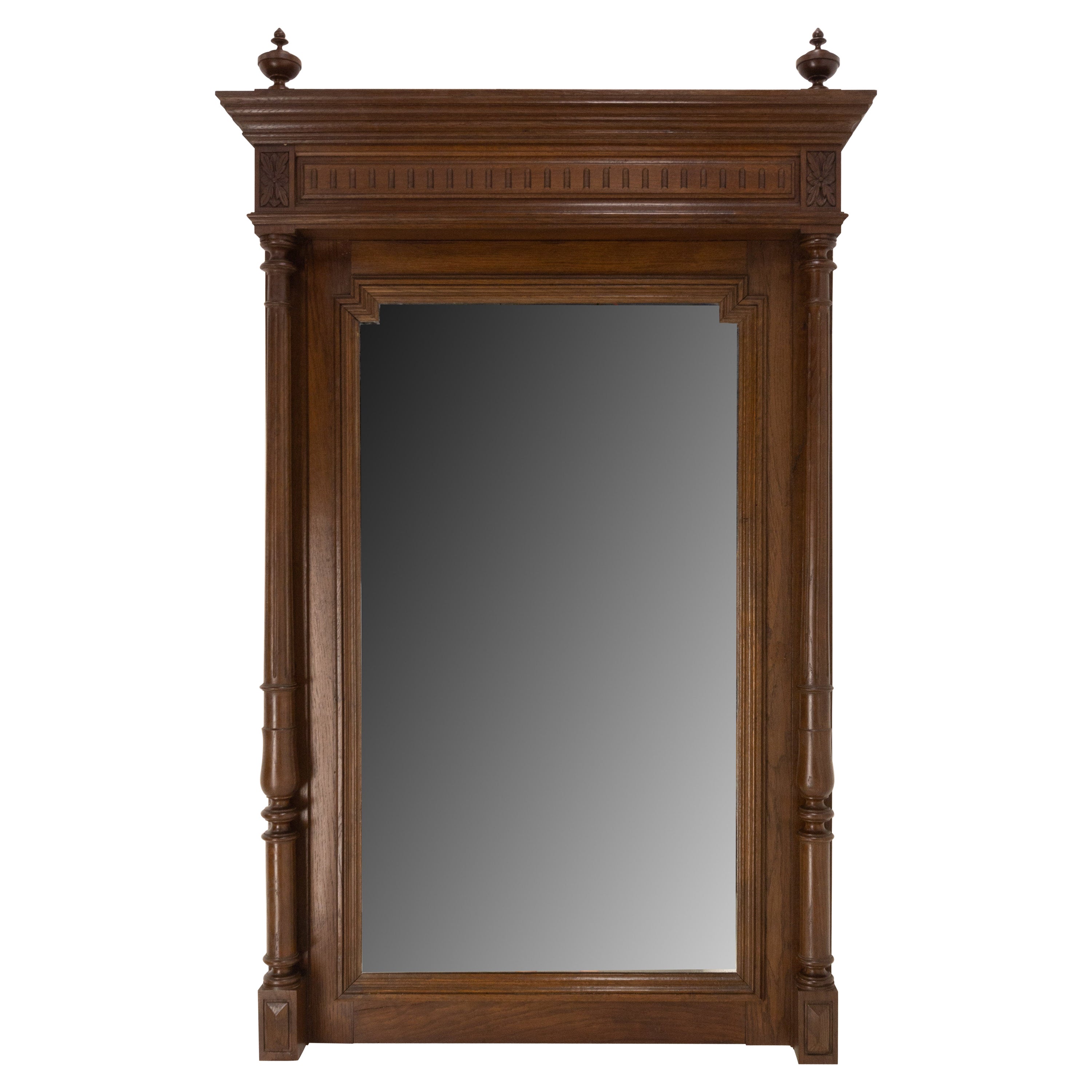 French Beveled Mirror with Colonnettes Oak Frame L XVI Style, Late 19th Century For Sale