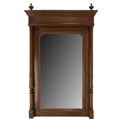 Antique French Beveled Mirror with Colonnettes Oak Frame L XVI Style, Late 19th Century