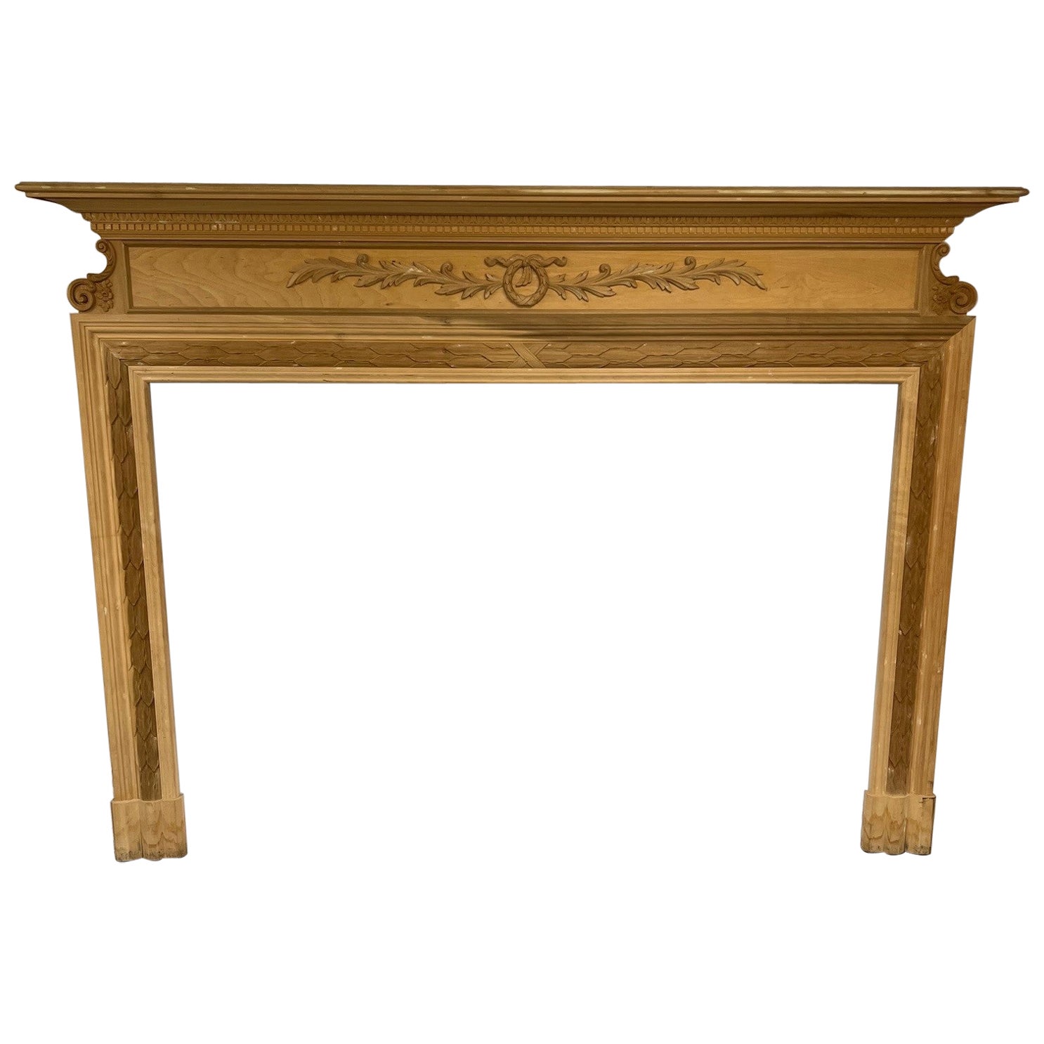 Reproduction Wood Fireplace Mantel with Carved Wood Wreath Center Large Opening For Sale