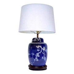 Cobalt Blue and White Prunus Cherry Blossom Vintage Table Lamp on Walnut Stand