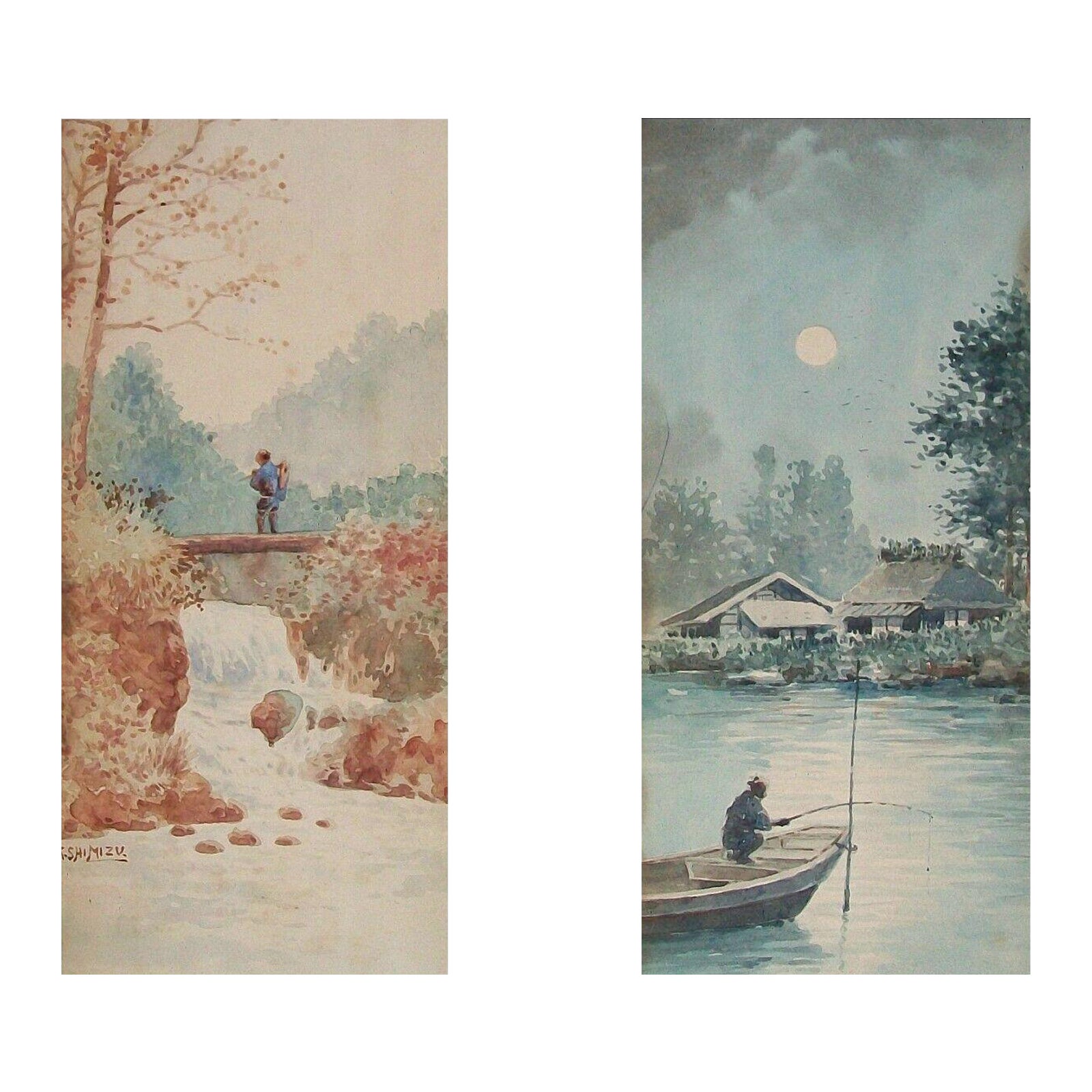 Kiyoshi Shimizu, 'Day & Night', Pair of Watercolor Paintings, U.S.a., C.1925 For Sale