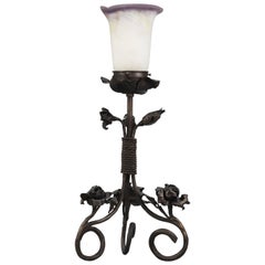 Vintage French Art Nouveau Wrought Iron and Pâte de Verre Glass Table Lamp with Roses