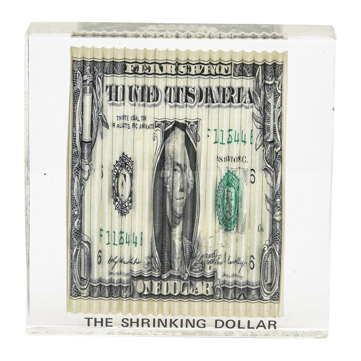 Pop Art Small Lucite "The Shrinking Dollar" Bill Sculpture Desk Accessory, 1970s