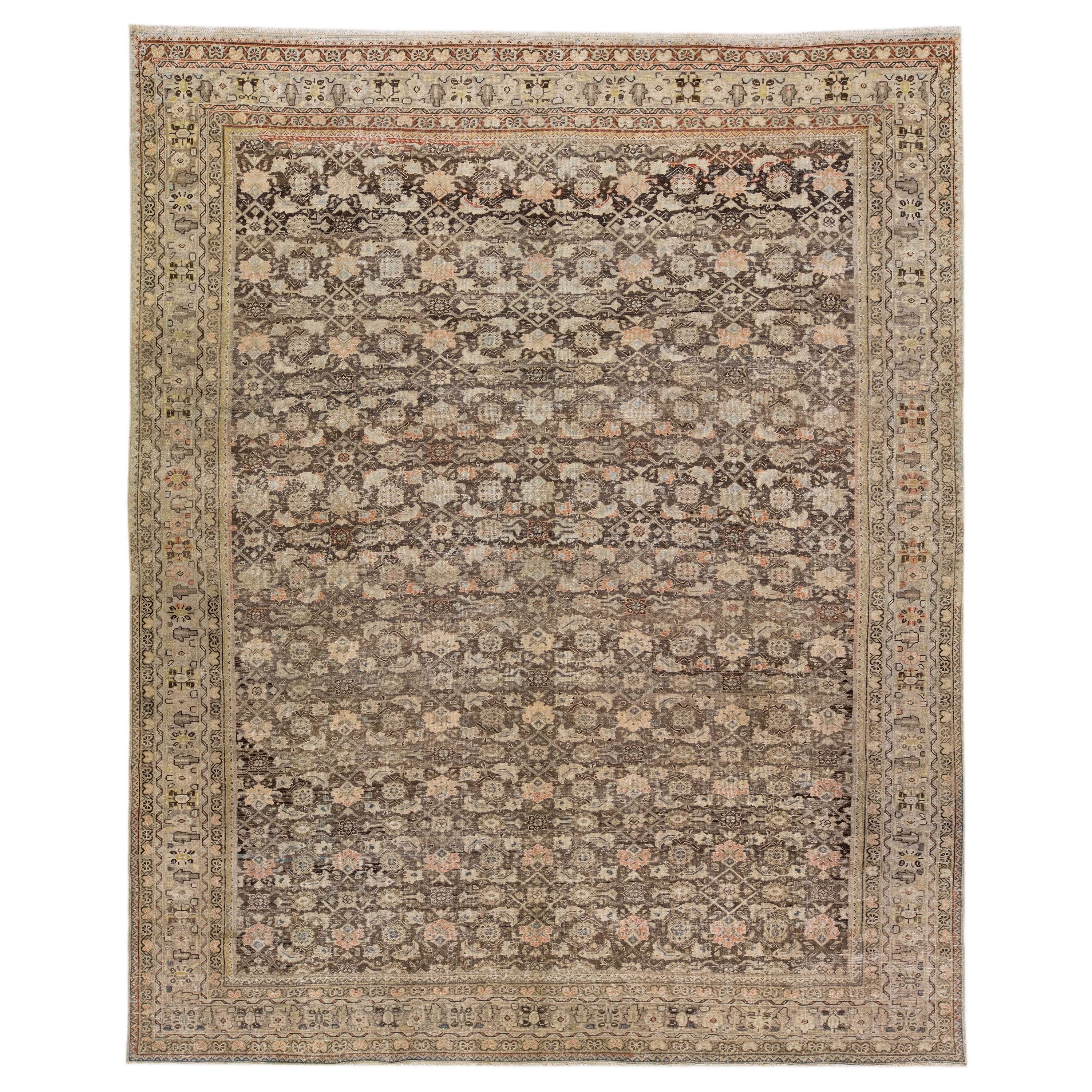 Brown Antique Persian Malayer Handmade Wool Rug with Allover Motif For Sale