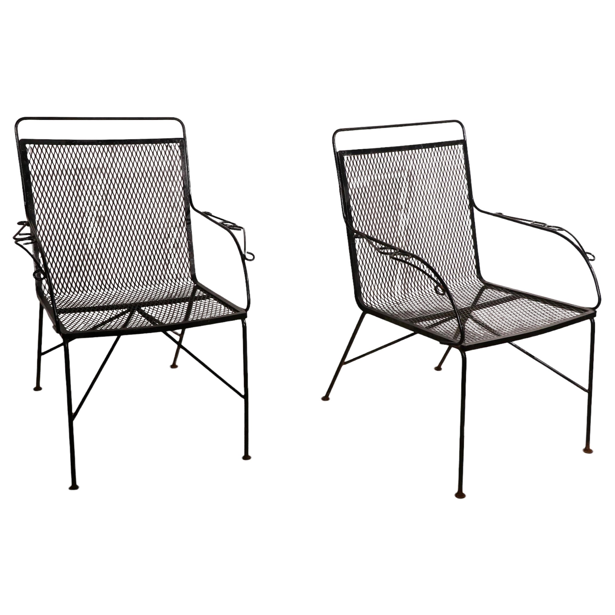 Pr. Mid Century Garden Patio Poolside  Wrought Iron Dining Lounge Arm Chairs