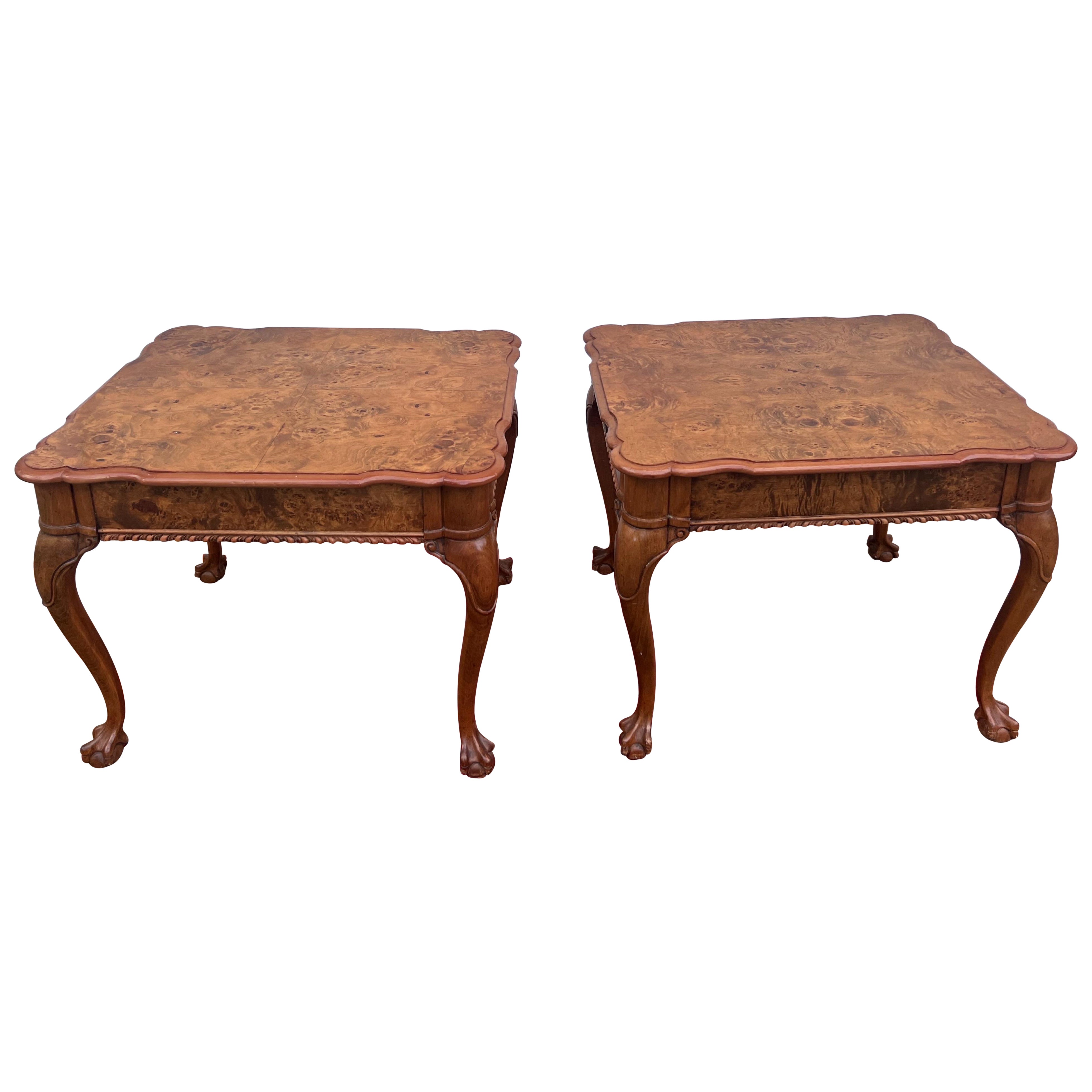 Vintage Matchbook Burl Ball and Claw Foot Side Tables For Sale