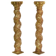Pair of Small 18th Century Spanish Hand Carved Giltwood Columns
