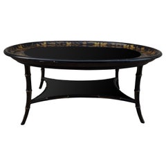 Antique 20th Century Black Lacquered Floral Tray Top Coffee Table