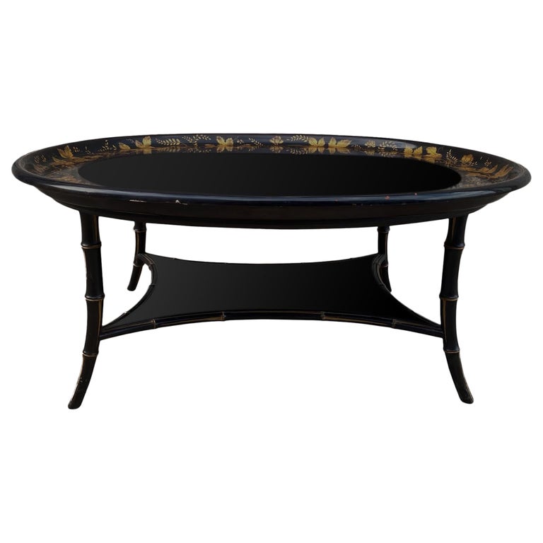 20th Century Black Lacquered Floral Tray Top Coffee Table For Sale at
