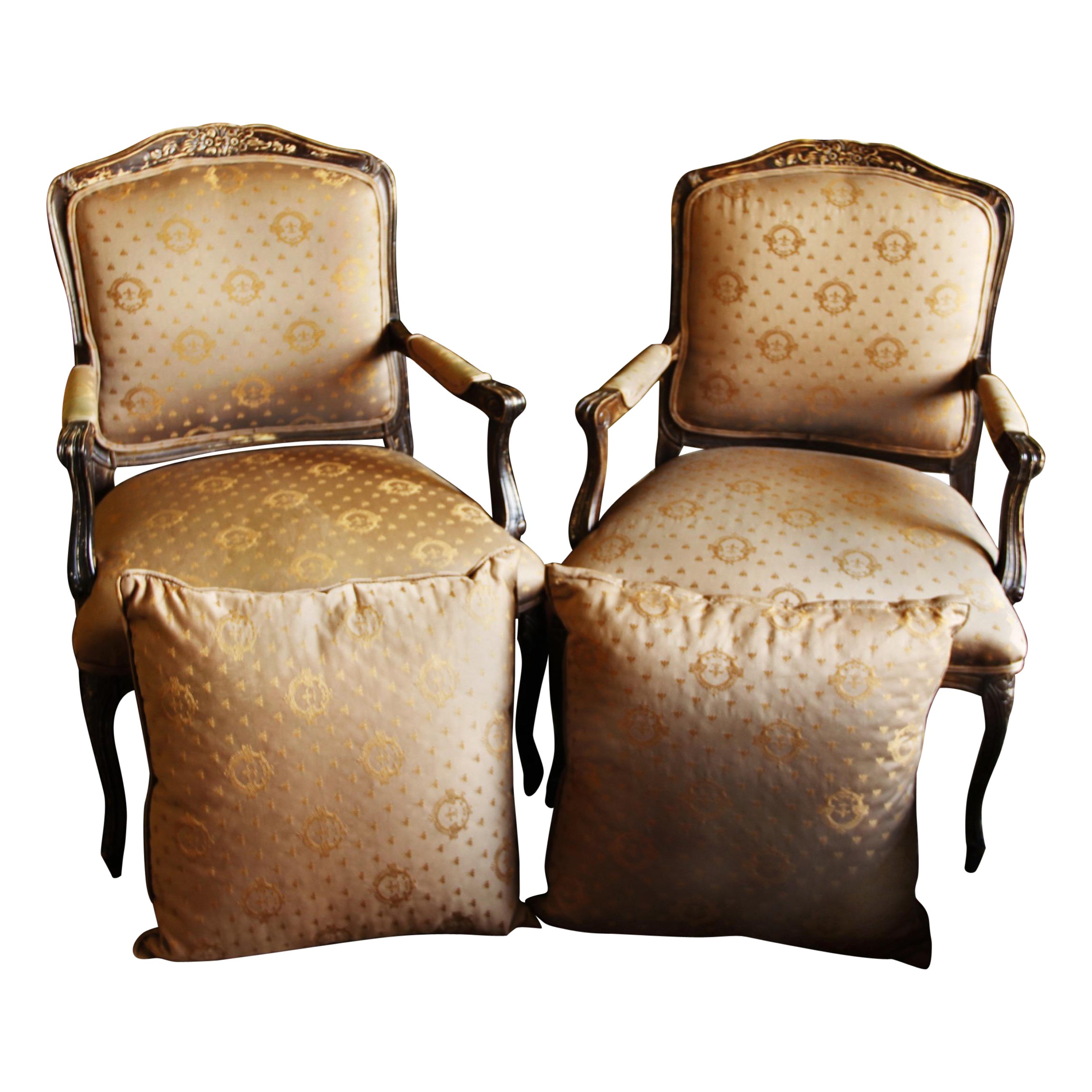 Louis XV Pair of Tan Silk Brocade Carved Armchairs in Oak with Two Pillows For Sale