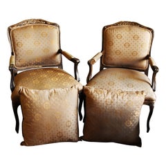 Antique Louis XV Pair of Tan Silk Brocade Carved Armchairs in Oak with Two Pillows