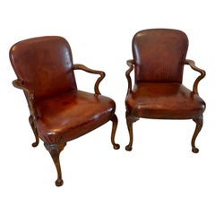 Pair of Antique Quality Leather and Carved Walnut Desk Chairs 