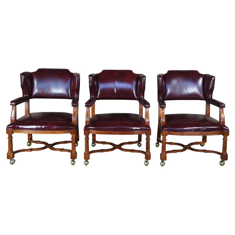 3 Hickory Manufacturing Traditional Oak and Burgundy Leather Wing Back Club  Chairs at 1stDibs