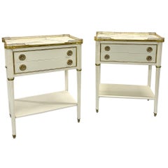 Hollywood Regency Jansen Style Two Drawer Nightstands, Bronze, Marble, Louis XVI