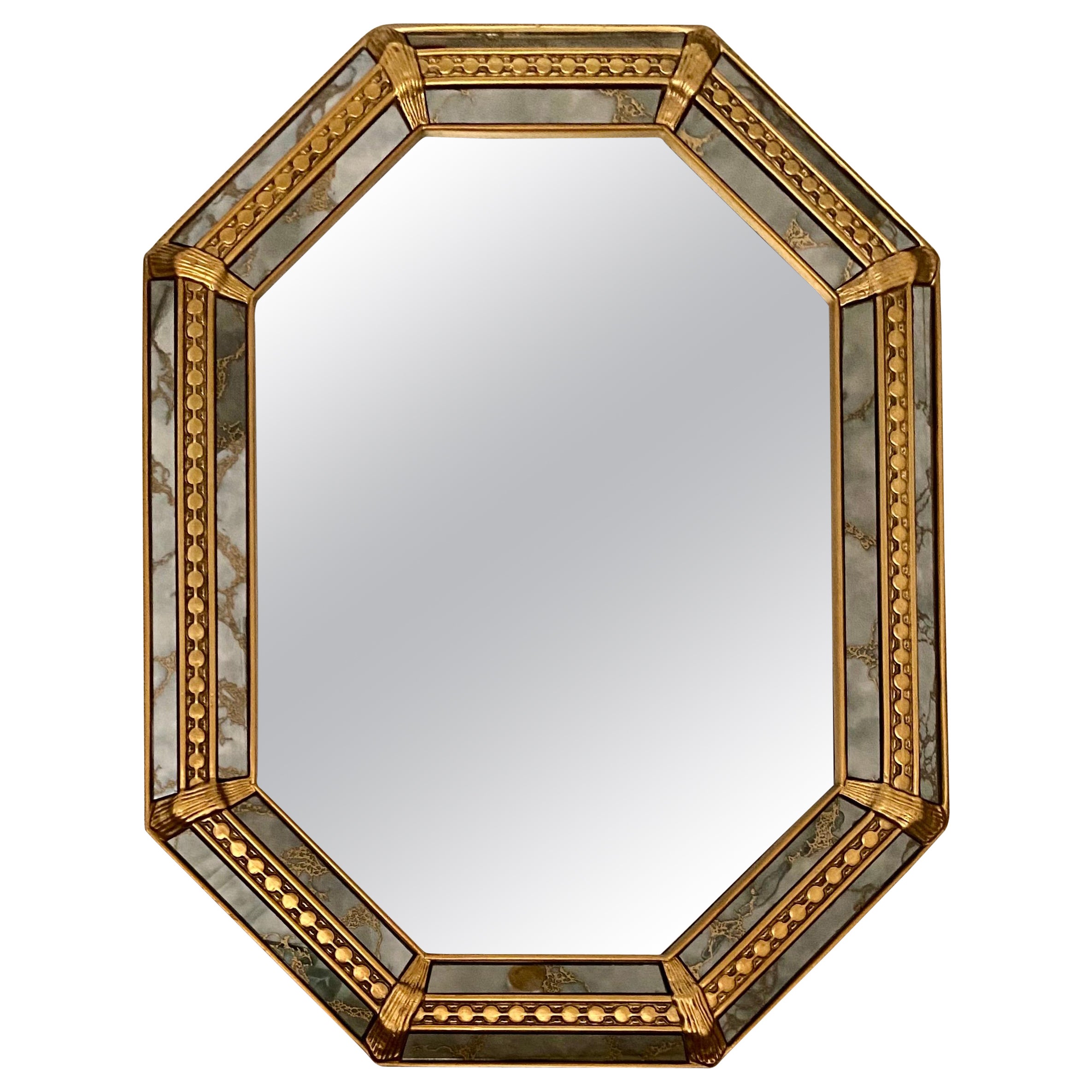 Hollywood Regency Style Gilt Octagon Faceted Panel Wall Mirror 