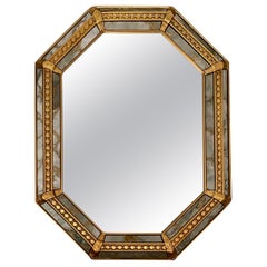 Hollywood Regency Style Gilt Octagon Faceted Panel Wall Mirror 