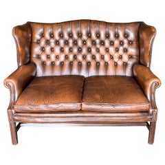 1950s Ralph Lauren Style English Tufted Leather Chesterfield Settee / Sofa