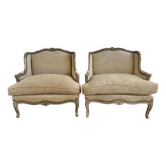 French Louis XV Style Bergeres W/ Belgium Linen Upholstery