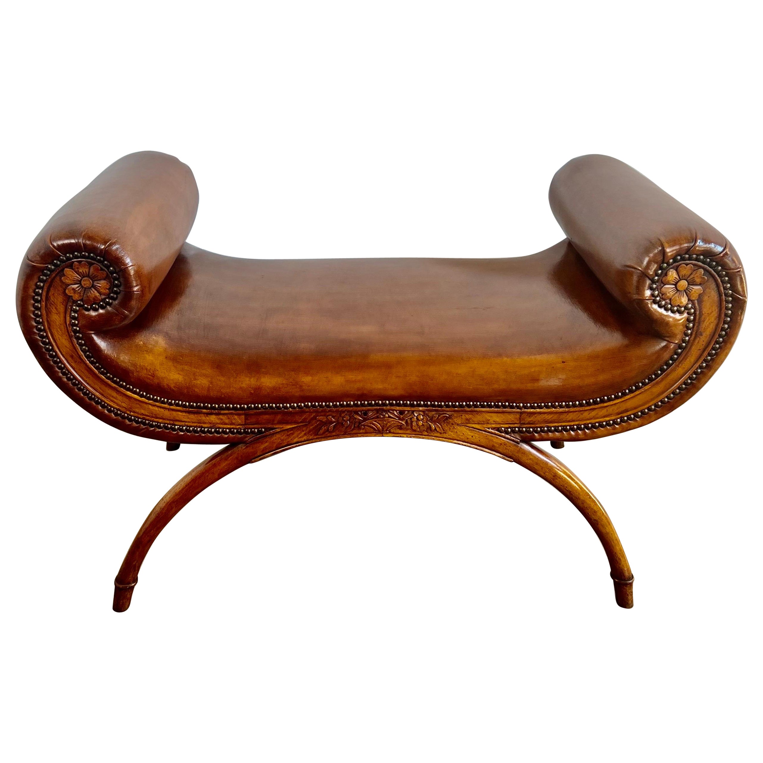 English Leather Upholstered Bench W/ Nailhead Trim