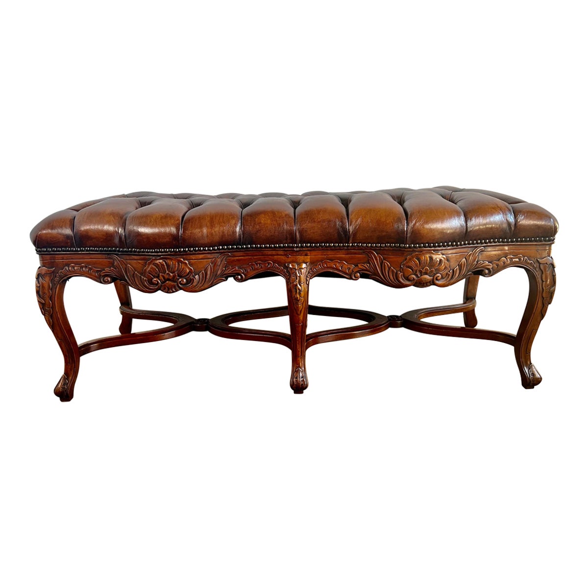 6-Legged French Louis XV Style Leather Tufted Bench
