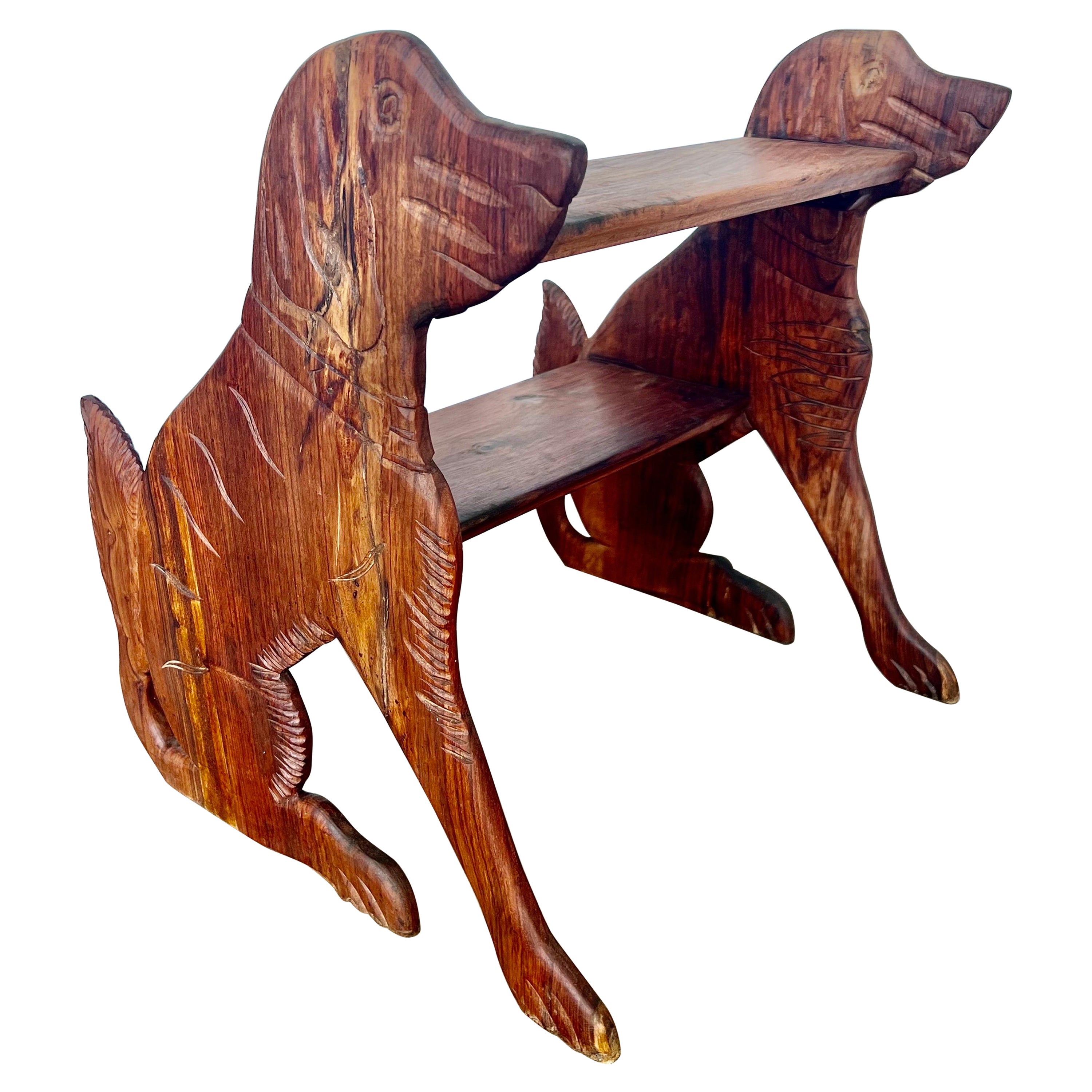 Hand Carved Wood Dog Step Stool 