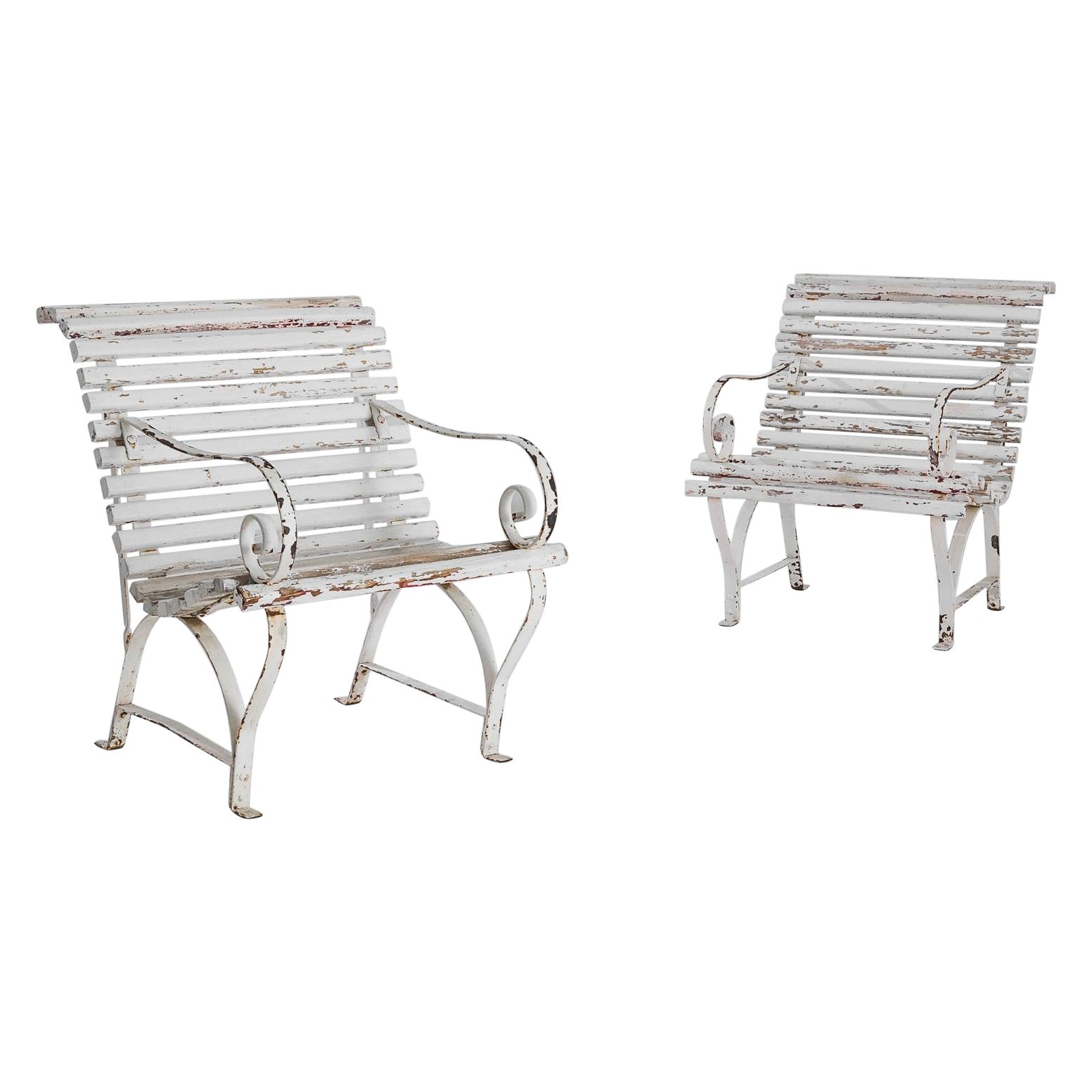 1900s French White Garden Benches, a Pair