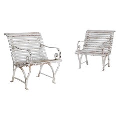 Antique 1900s French White Garden Benches, a Pair