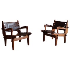 Pair of Solid Rosewood and Leather Lounge Chairs by Angel Pazmino, Ecuador 