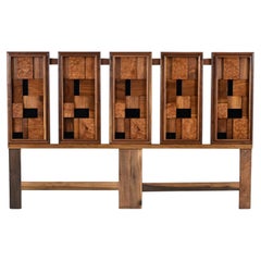 Exotic Wood and Glass Block Mosaic Brutalist King Headboard Bed