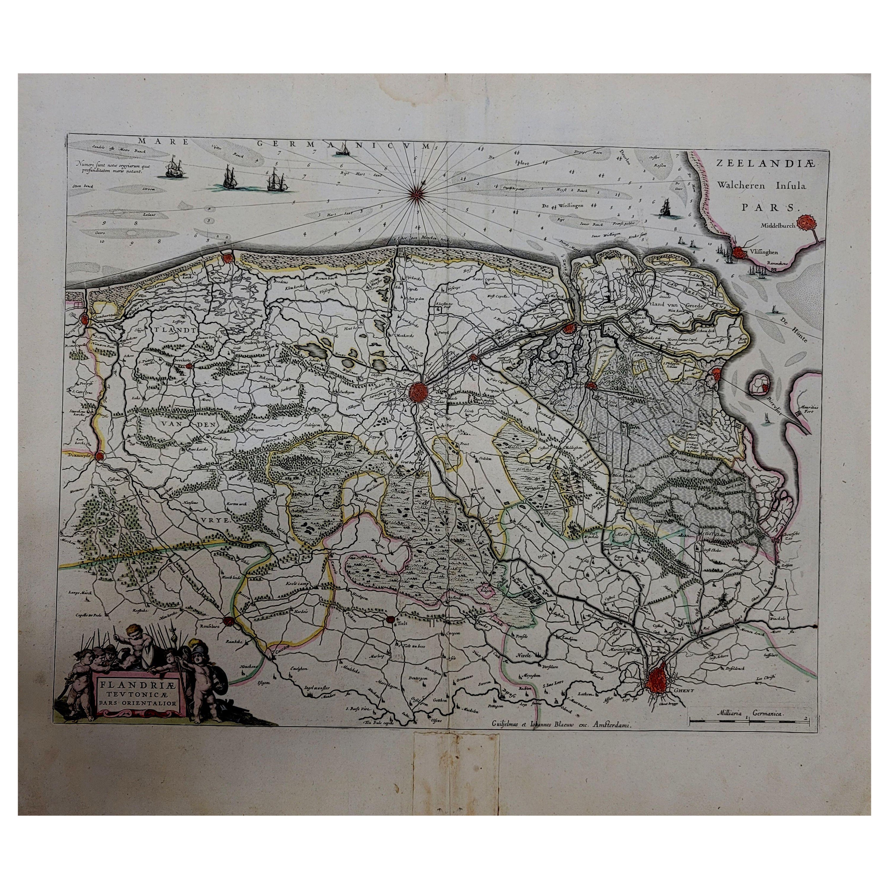 1643 Willem&Joan Blaeu Map NW Flanders "Flandriae Teutonicae Pars Prientalior   