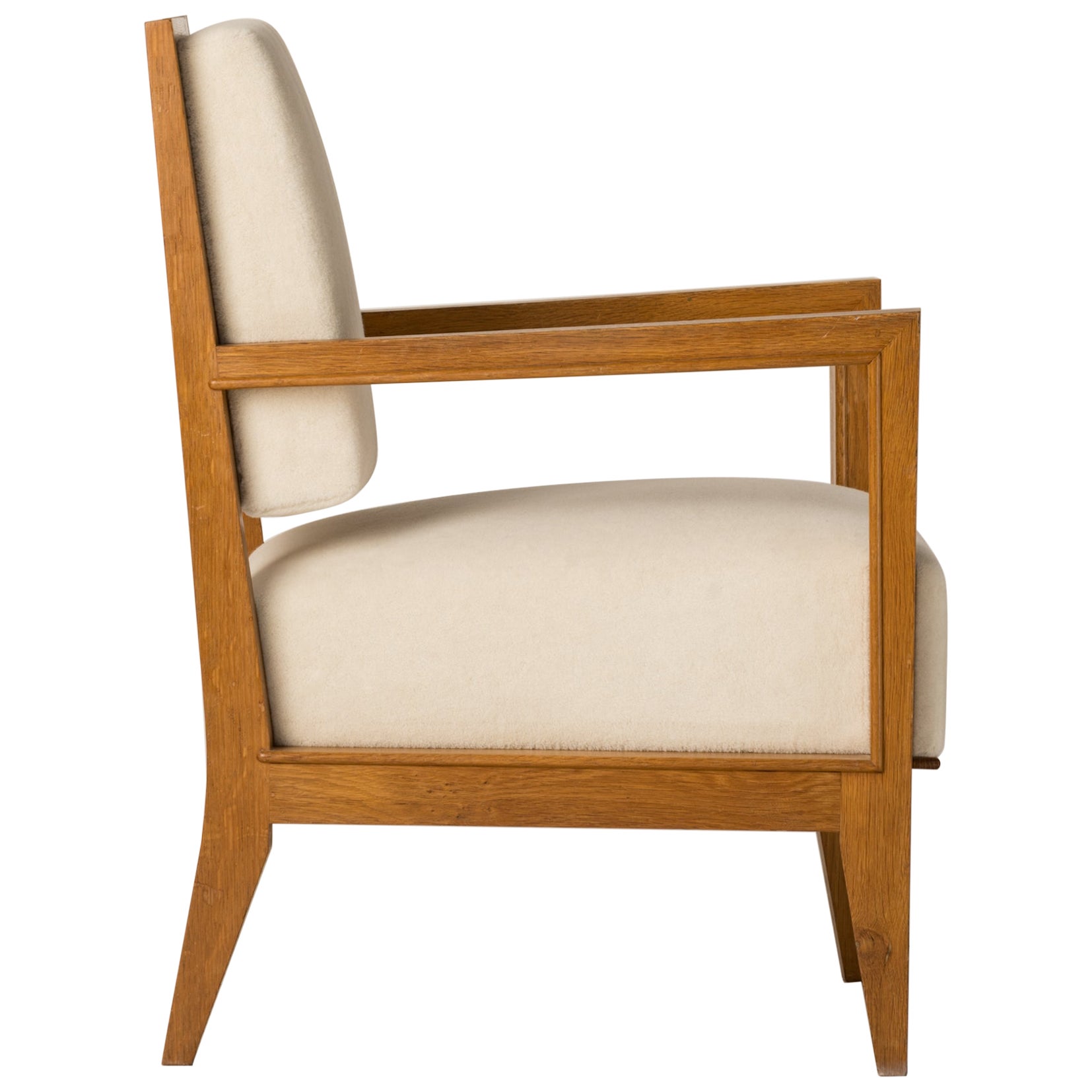 Minimalistischer Sessel aus massivem Eichenholz Creme Pierre Frey Mohair, Frankreich 1940er Jahre