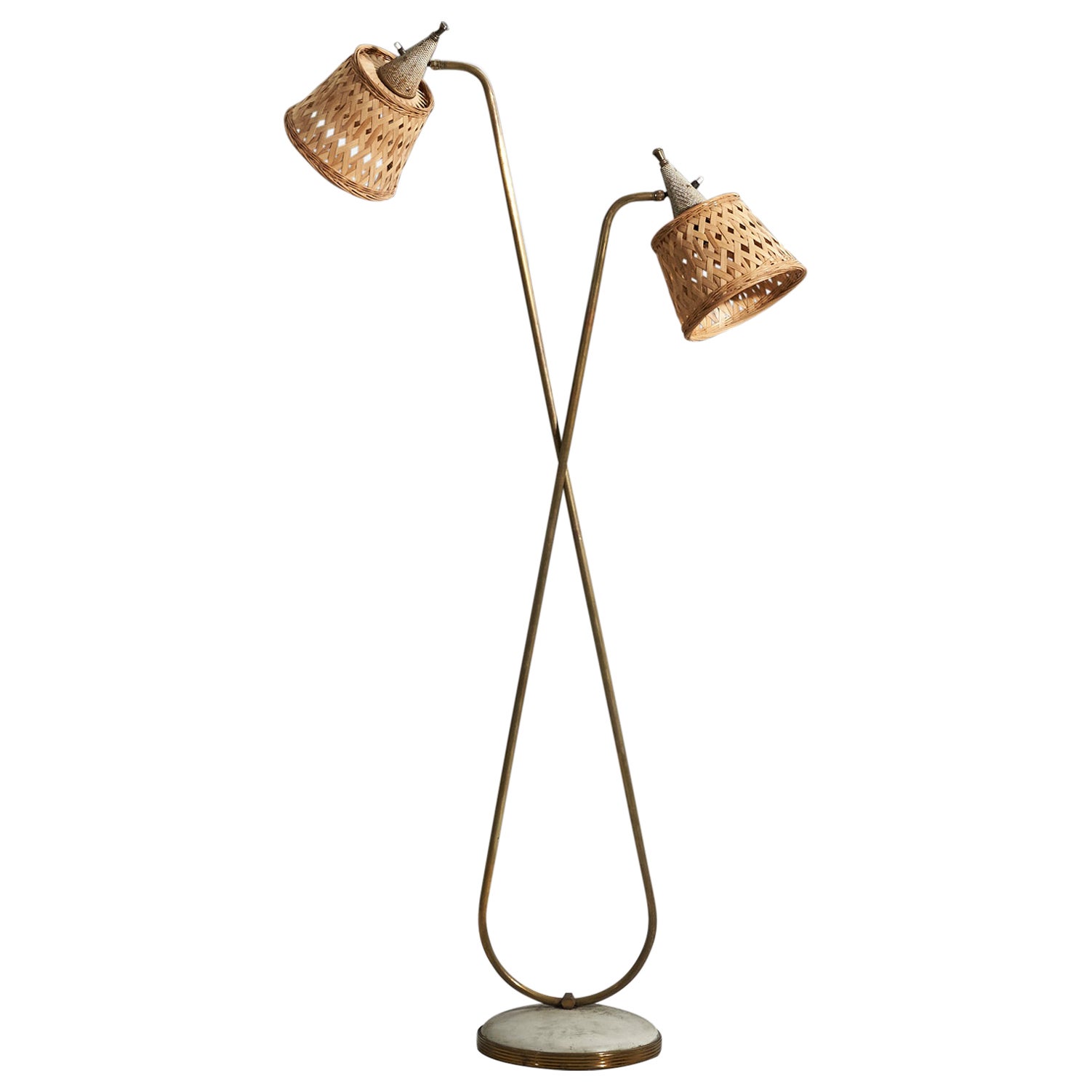 Italian Designer, Floor Lamp, Brass, Rattan, Metal, Italy, 1940s For Sale