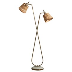 Italian Designer, Floor Lamp, Brass, Rattan, Metal, Italy, 1940s
