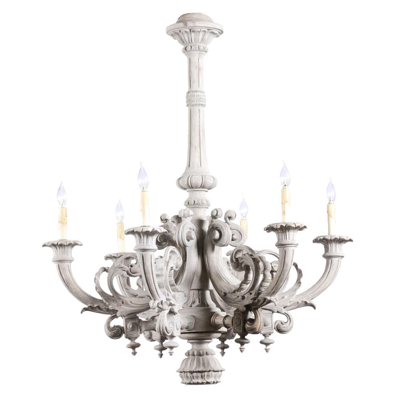 French Turn of the Century Painted Six-Light Chandelier with Scrolling Arms