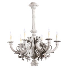 Antique French Turn of the Century Painted Six-Light Chandelier with Scrolling Arms