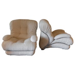 1970's Pair of Armchairs upholstered in Natural Chenille Wool Chrome Details