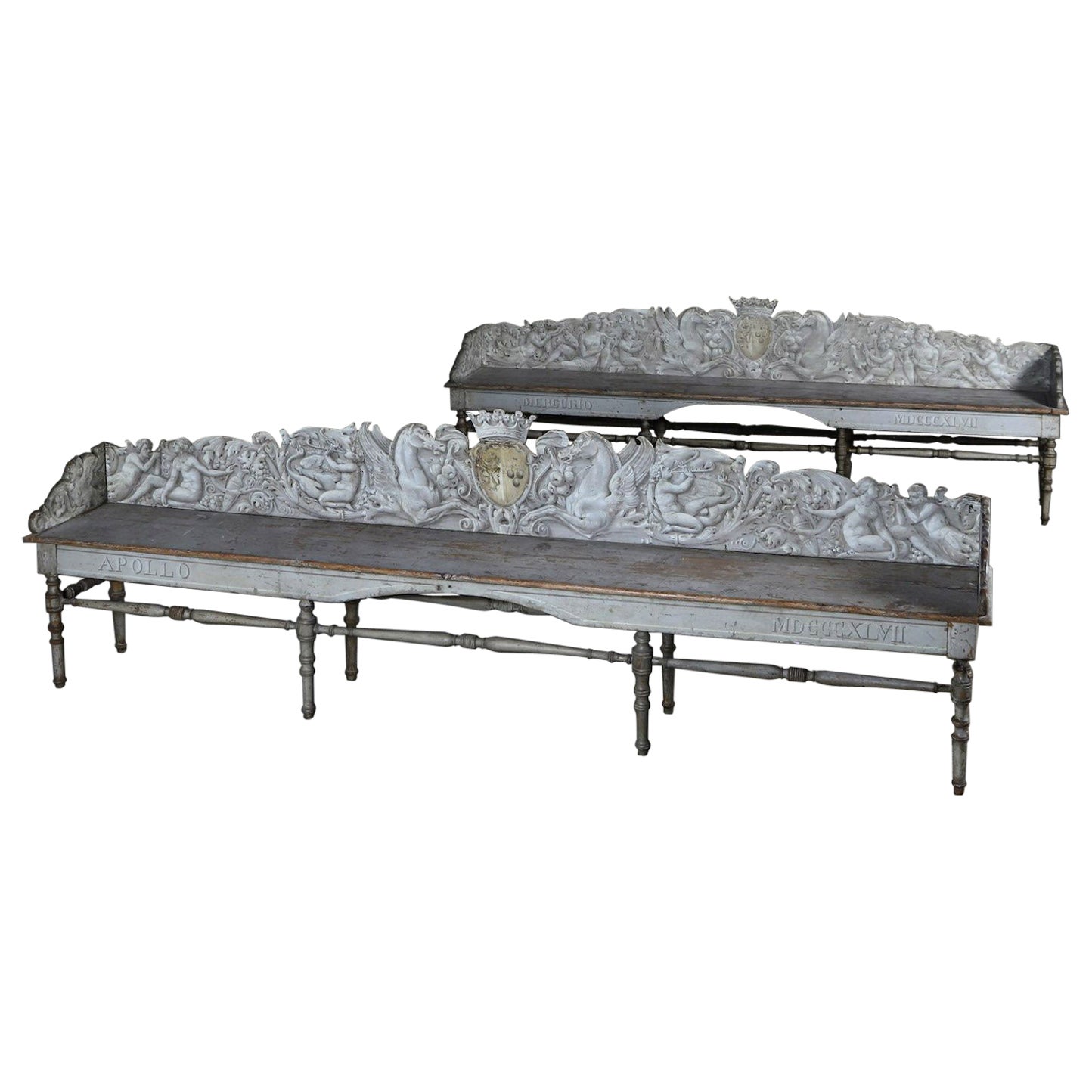 Pair of Villa Suvera Benches with Coat of Arms of the Lucchesi Palli Family For Sale