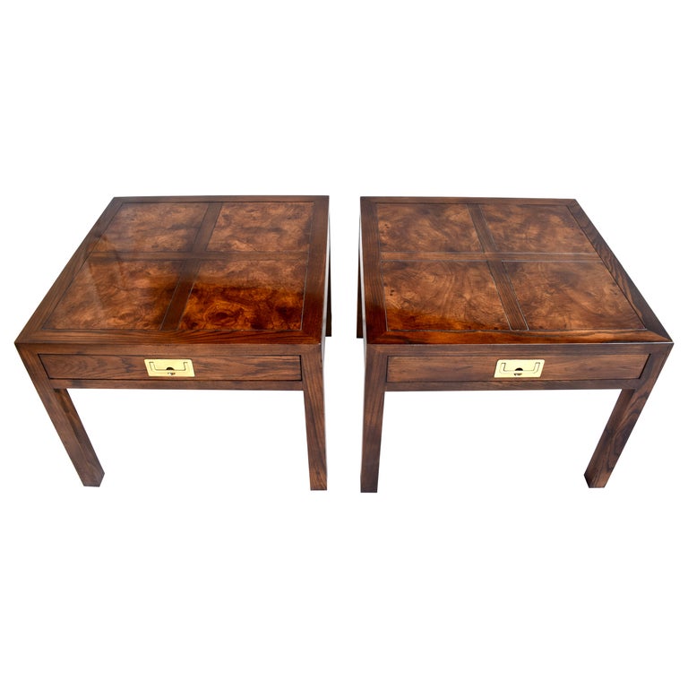 Henredon Parquetry Top Burl Walnut Campaign End Tables at 1stDibs