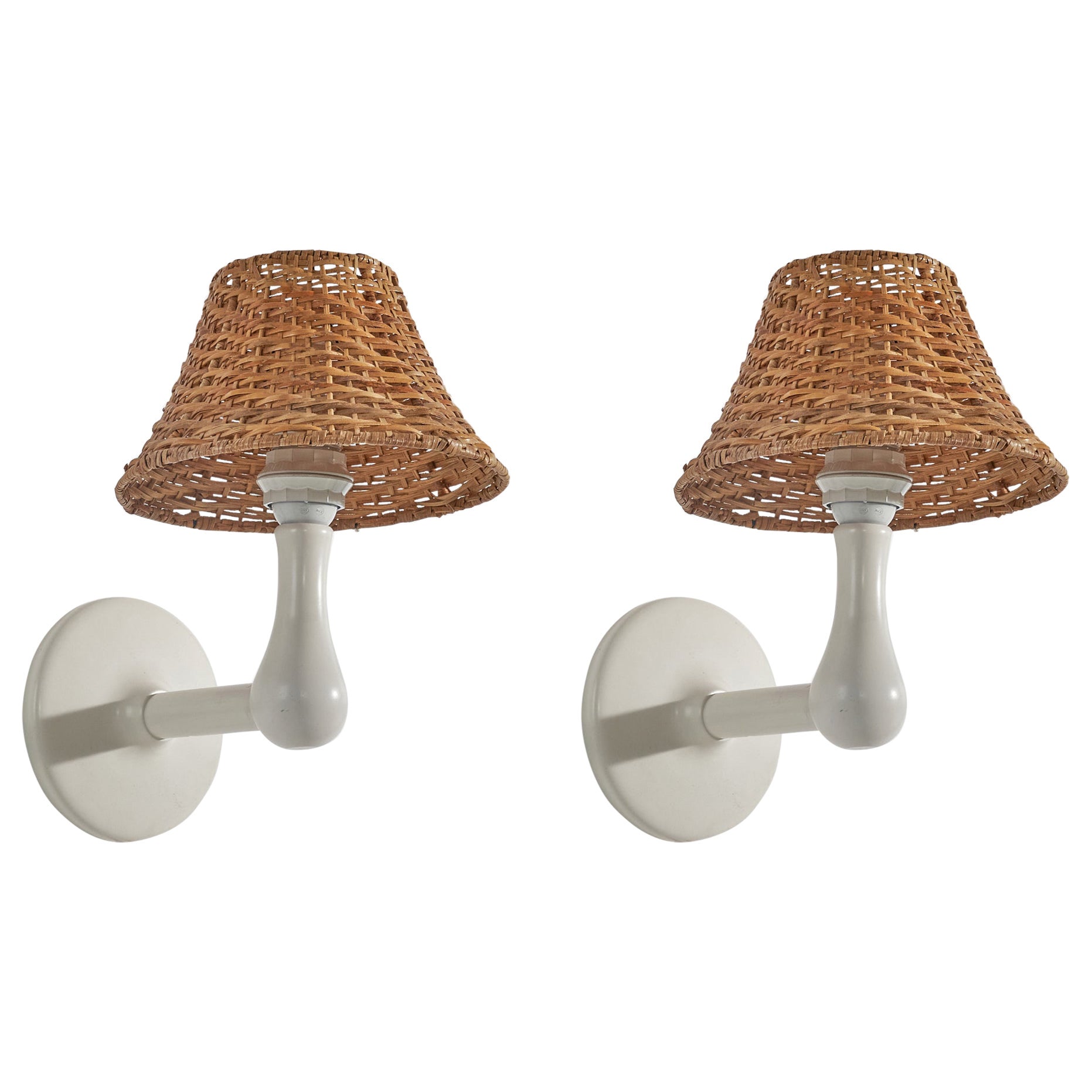 Swedish Designer, Wall Lights, Painted Pine, Rattan, Sweden, c. 1970s For Sale