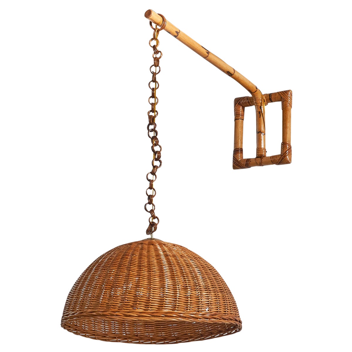 Italian Designer, Wall Light, Bamboo, Rattan, Brass, Italy, 1970s For Sale