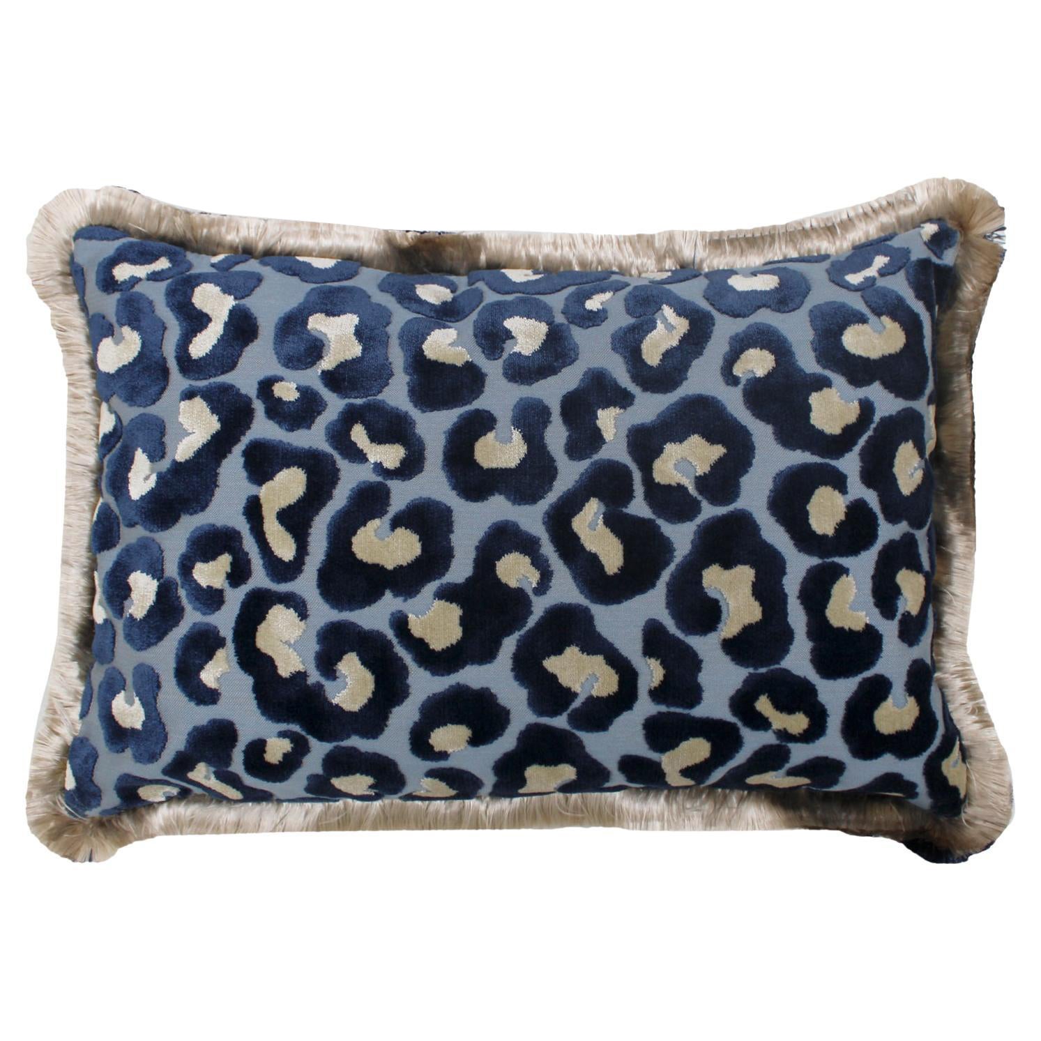 Leopard Print Velvet Cushion in Cotton with Double Tinsel Trim and Linen Back For Sale