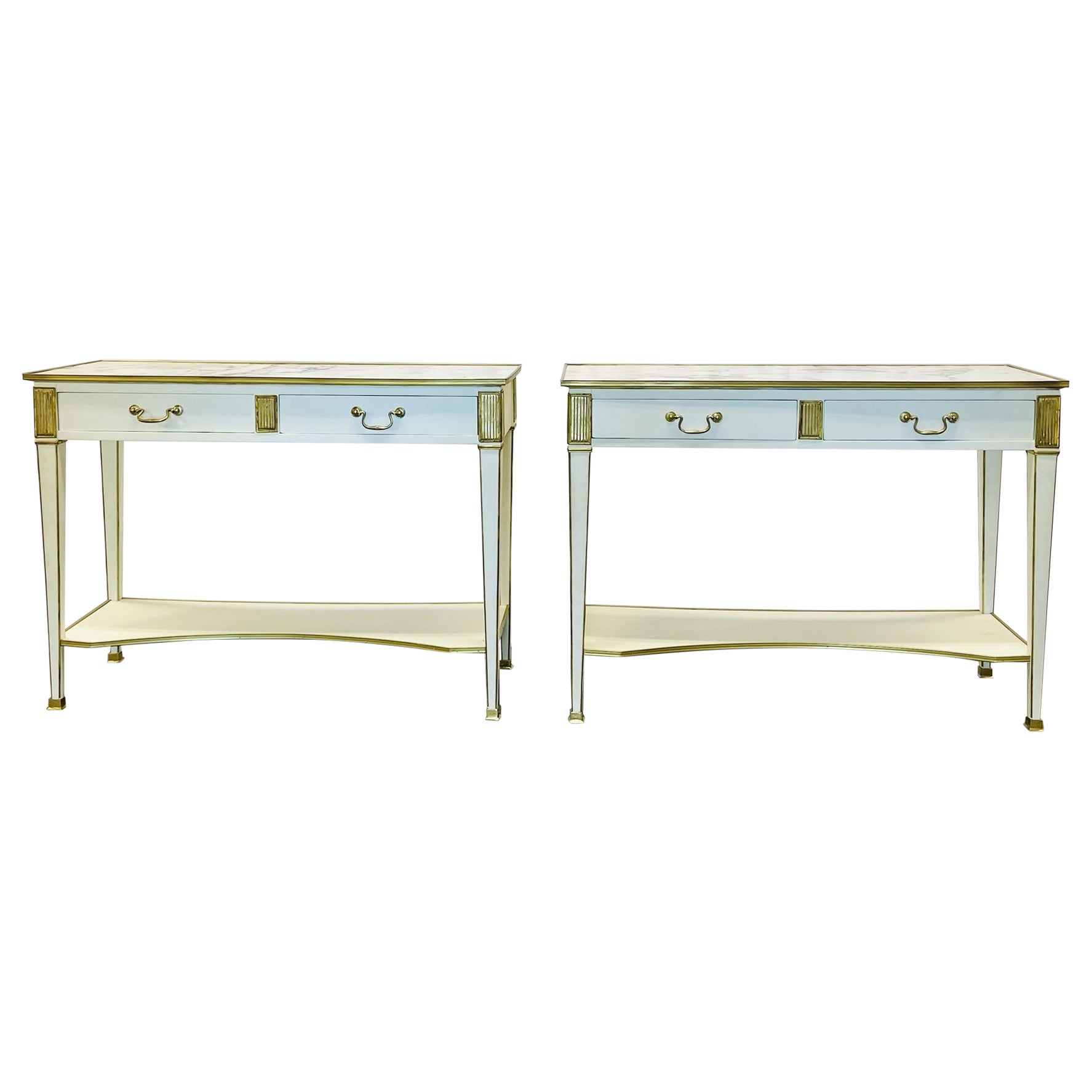 Pair of Hollywood Regency Neoclassical White Sofa, Console Tables, Maison Jansen For Sale